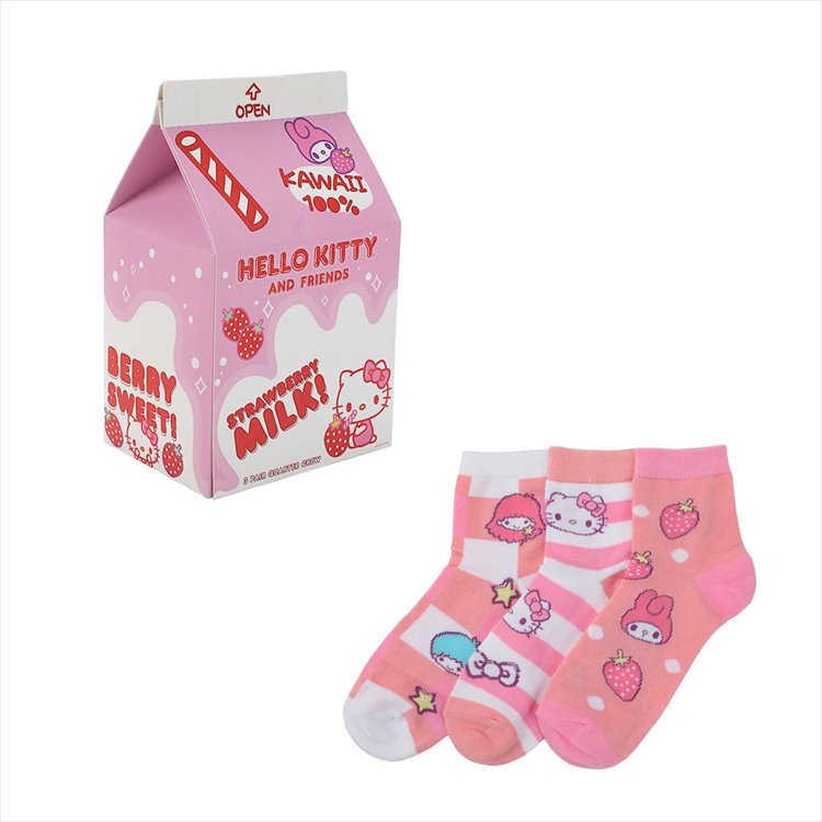 Sanrio - Hello Kitty Strawberry Milk 3 Pair Quarter Crew Box Set